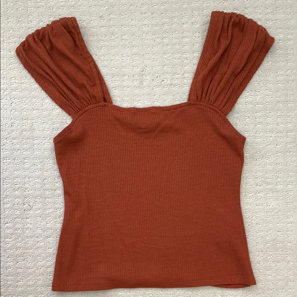 Anthropologie orange rust brown Ruched Sleeveless Blouse